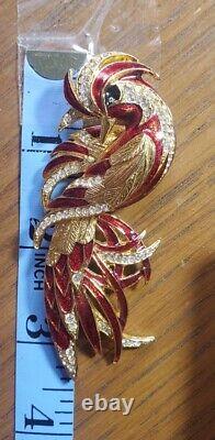 Vintage D'Orlan Boucher Bird of Paradise Gold Red Enamel Rhinestones Brooch Pin
