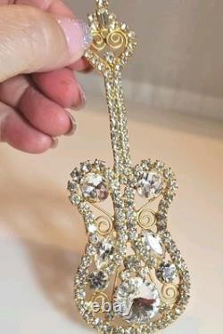 Vintage DOMINQUE ELECTRIC GUITAR BROOCH, LARGE PIN with Rhinestones Gold Setting