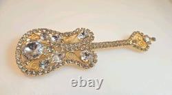 Vintage DOMINQUE ELECTRIC GUITAR BROOCH, LARGE PIN with Rhinestones Gold Setting