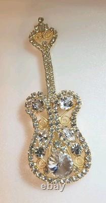 Vintage DOMINQUE ELECTRIC GUITAR BROOCH, LARGE PIN with Rhinestones Gold Setting
