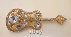 Vintage DOMINQUE ELECTRIC GUITAR BROOCH, LARGE PIN with Rhinestones Gold Setting