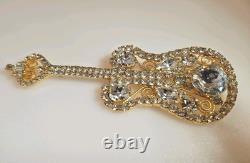 Vintage DOMINQUE ELECTRIC GUITAR BROOCH, LARGE PIN with Rhinestones Gold Setting