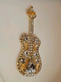 Vintage DOMINQUE ELECTRIC GUITAR BROOCH, LARGE PIN with Rhinestones Gold Setting