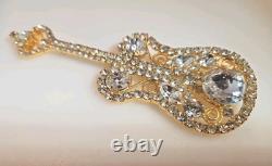Vintage DOMINQUE ELECTRIC GUITAR BROOCH, LARGE PIN with Rhinestones Gold Setting