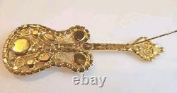 Vintage DOMINQUE ELECTRIC GUITAR BROOCH, LARGE PIN with Rhinestones Gold Setting