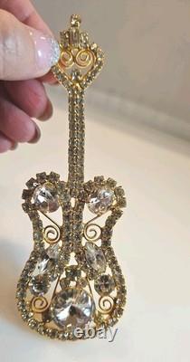 Vintage DOMINQUE ELECTRIC GUITAR BROOCH, LARGE PIN with Rhinestones Gold Setting