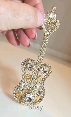 Vintage DOMINQUE ELECTRIC GUITAR BROOCH, LARGE PIN with Rhinestones Gold Setting