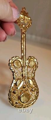Vintage DOMINQUE ELECTRIC GUITAR BROOCH, LARGE PIN with Rhinestones Gold Setting
