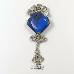 Vintage Dangle Brooch With Large Blue Glass Stone & Tear Drop Shaped Rhinestones