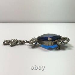 Vintage Dangle Brooch With Large Blue Glass Stone & Tear Drop Shaped Rhinestones