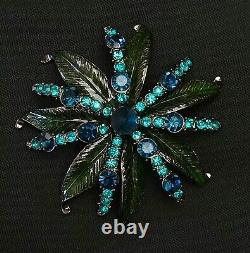 Vintage Dark Green Leaves With Blue Rhinestones Flower Pin Brooch