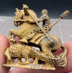 Vintage DeNicola St George and Dragon Knight Slaying Dragon Rhinestone Brooch