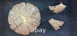 Vintage Demi-Parure Large AB Brooch & Earrings Set Iridescent Crystals Gold Tone