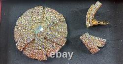 Vintage Demi-Parure Large AB Brooch & Earrings Set Iridescent Crystals Gold Tone