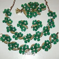 Vintage Demi Parure Necklace Bracelet Brooch Earrings Green Rhinestone Flowers
