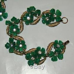 Vintage Demi Parure Necklace Bracelet Brooch Earrings Green Rhinestone Flowers