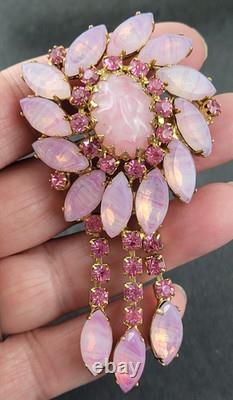 Vintage Designer Pink Art Glass Rhinestone Dog Tooth Prong Dangle Brooch