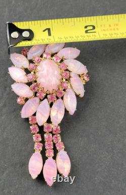 Vintage Designer Pink Art Glass Rhinestone Dog Tooth Prong Dangle Brooch