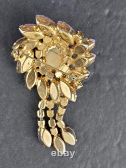 Vintage Designer Pink Art Glass Rhinestone Dog Tooth Prong Dangle Brooch