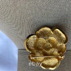 Vintage Dior Camellia Flower Brooch Rhinestones Gold Tone Signed Dimensional Chr