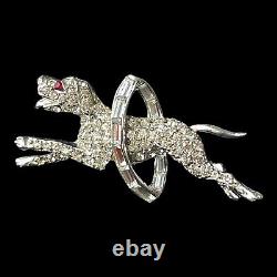 Vintage Dog Brooch Pin Rhinestones Jumping Through Hoop Ice Clear Rare