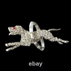 Vintage Dog Brooch Pin Rhinestones Jumping Through Hoop Ice Clear Rare