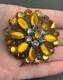 Vintage Domed Brooch Iris Orange Aurora Borealis Molded Rhinestone Gold Tone Pin