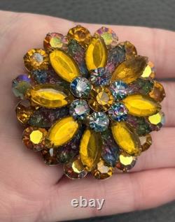 Vintage Domed Brooch Iris Orange Aurora Borealis Molded Rhinestone Gold Tone Pin