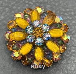 Vintage Domed Brooch Iris Orange Aurora Borealis Molded Rhinestone Gold Tone Pin