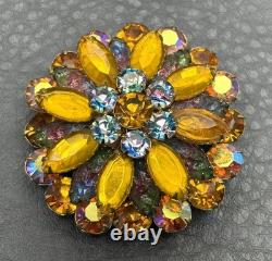 Vintage Domed Brooch Iris Orange Aurora Borealis Molded Rhinestone Gold Tone Pin