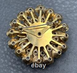 Vintage Domed Brooch Iris Orange Aurora Borealis Molded Rhinestone Gold Tone Pin