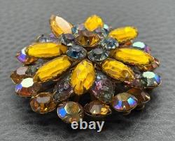 Vintage Domed Brooch Iris Orange Aurora Borealis Molded Rhinestone Gold Tone Pin