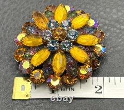 Vintage Domed Brooch Iris Orange Aurora Borealis Molded Rhinestone Gold Tone Pin