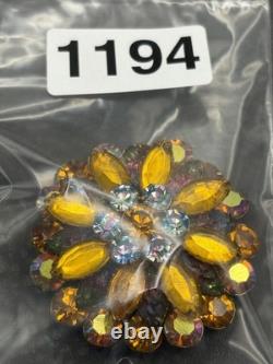 Vintage Domed Brooch Iris Orange Aurora Borealis Molded Rhinestone Gold Tone Pin