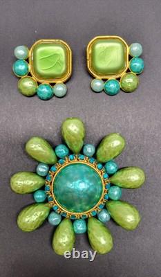 Vintage Dominique Aurientis Brooch and Earrings in Turquoise / Lime Green Pearls