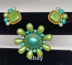 Vintage Dominique Aurientis Brooch and Earrings in Turquoise / Lime Green Pearls