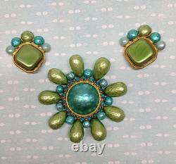 Vintage Dominique Aurientis Brooch and Earrings in Turquoise / Lime Green Pearls