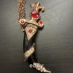 Vintage Double Brooch Dagger Sword Rhinestone Enamel Red Cabochon Chain 1950s
