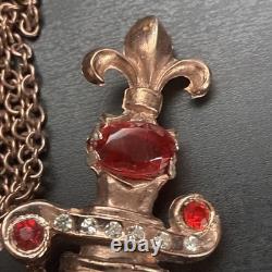 Vintage Double Brooch Dagger Sword Rhinestone Enamel Red Cabochon Chain 1950s