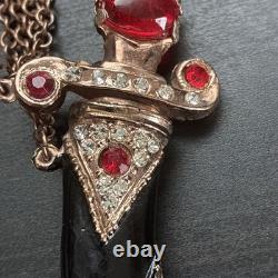 Vintage Double Brooch Dagger Sword Rhinestone Enamel Red Cabochon Chain 1950s