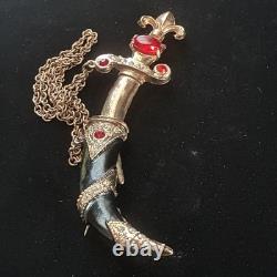 Vintage Double Brooch Dagger Sword Rhinestone Enamel Red Cabochon Chain 1950s