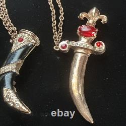 Vintage Double Brooch Dagger Sword Rhinestone Enamel Red Cabochon Chain 1950s