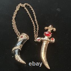 Vintage Double Brooch Dagger Sword Rhinestone Enamel Red Cabochon Chain 1950s