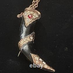 Vintage Double Brooch Dagger Sword Rhinestone Enamel Red Cabochon Chain 1950s