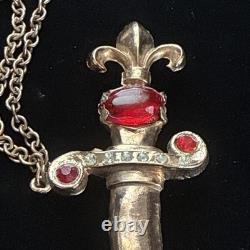 Vintage Double Brooch Dagger Sword Rhinestone Enamel Red Cabochon Chain 1950s