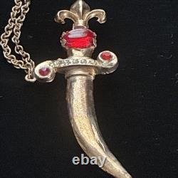 Vintage Double Brooch Dagger Sword Rhinestone Enamel Red Cabochon Chain 1950s