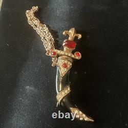 Vintage Double Brooch Dagger Sword Rhinestone Enamel Red Cabochon Chain 1950s