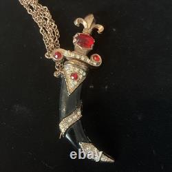 Vintage Double Brooch Dagger Sword Rhinestone Enamel Red Cabochon Chain 1950s