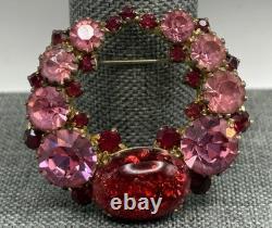 Vintage Dragon's Breath Red Pink Rhinestone Wreath Brooch Gold Tone Cabochon
