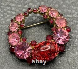 Vintage Dragon's Breath Red Pink Rhinestone Wreath Brooch Gold Tone Cabochon